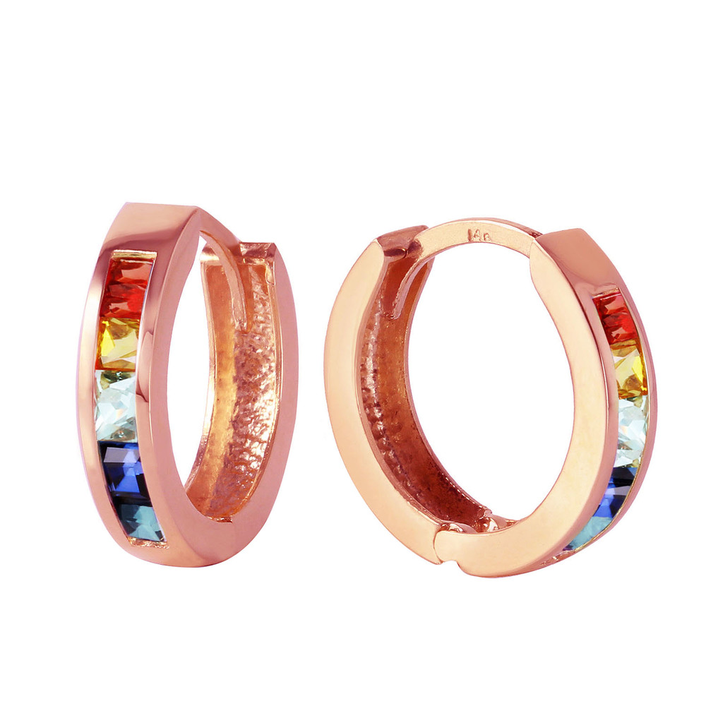 14K. GOLD HOOP EARRING WITH MULTI COLORS SAPPHIRES (Rose Gold) - Picture 2 of 3